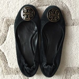 Tory Burch Black Suede Enamel Logo Reva Flats